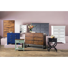 End Table, Mirrored Glass and Manufactured Wood with Three Drawers in Gray