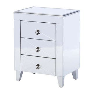 End Table, Mirrored Glass and Manufactured Wood with Three Drawers in Gray