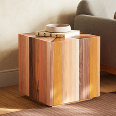 End Table, Mixed Solid Wood Veneer, Square Drum Base, Natural