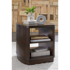 End Table, Oval with Lower Shelf, Dark Brown Wood Top with Brown Base