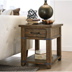 End Table, Pine Wood, 1 Drawer and Shelf, Brown Farmhouse Timber Finish