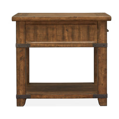 End Table, Pine Wood, 1 Drawer and Shelf, Brown Farmhouse Timber Finish