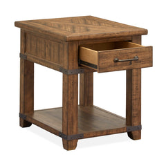 End Table, Pine Wood, 1 Drawer and Shelf, Brown Farmhouse Timber Finish