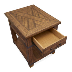 End Table, Pine Wood, 1 Drawer and Shelf, Brown Farmhouse Timber Finish