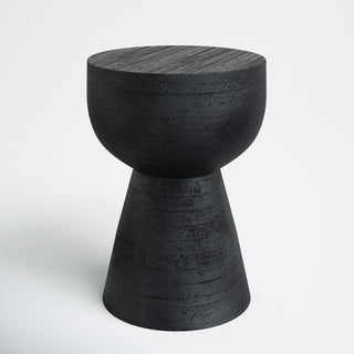 End Table, Round Acacia Wood with Dark Charcoal Drum Base