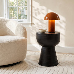 End Table, Round Acacia Wood with Dark Charcoal Drum Base