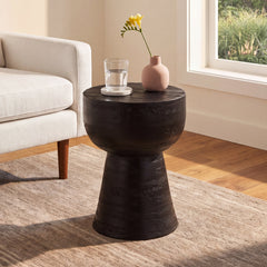 End Table, Round Acacia Wood with Dark Charcoal Drum Base