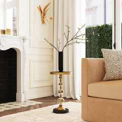 End Table, Round, Black Granite Top, Gold Acrylic and Iron Pedestal Base