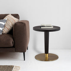 End Table, Round, Black Manufactured Wood Top with Brass Drum Base