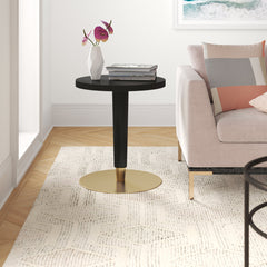 End Table, Round, Black Manufactured Wood Top with Brass Drum Base