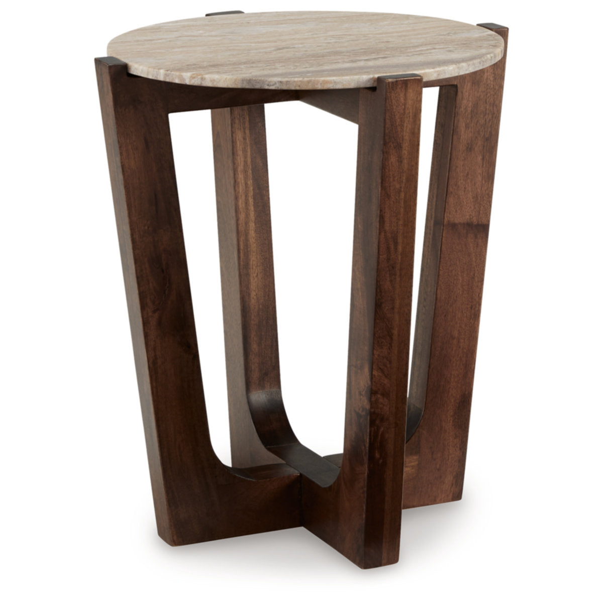 End Table, Round, Brown Marble Top with Solid Wood Base