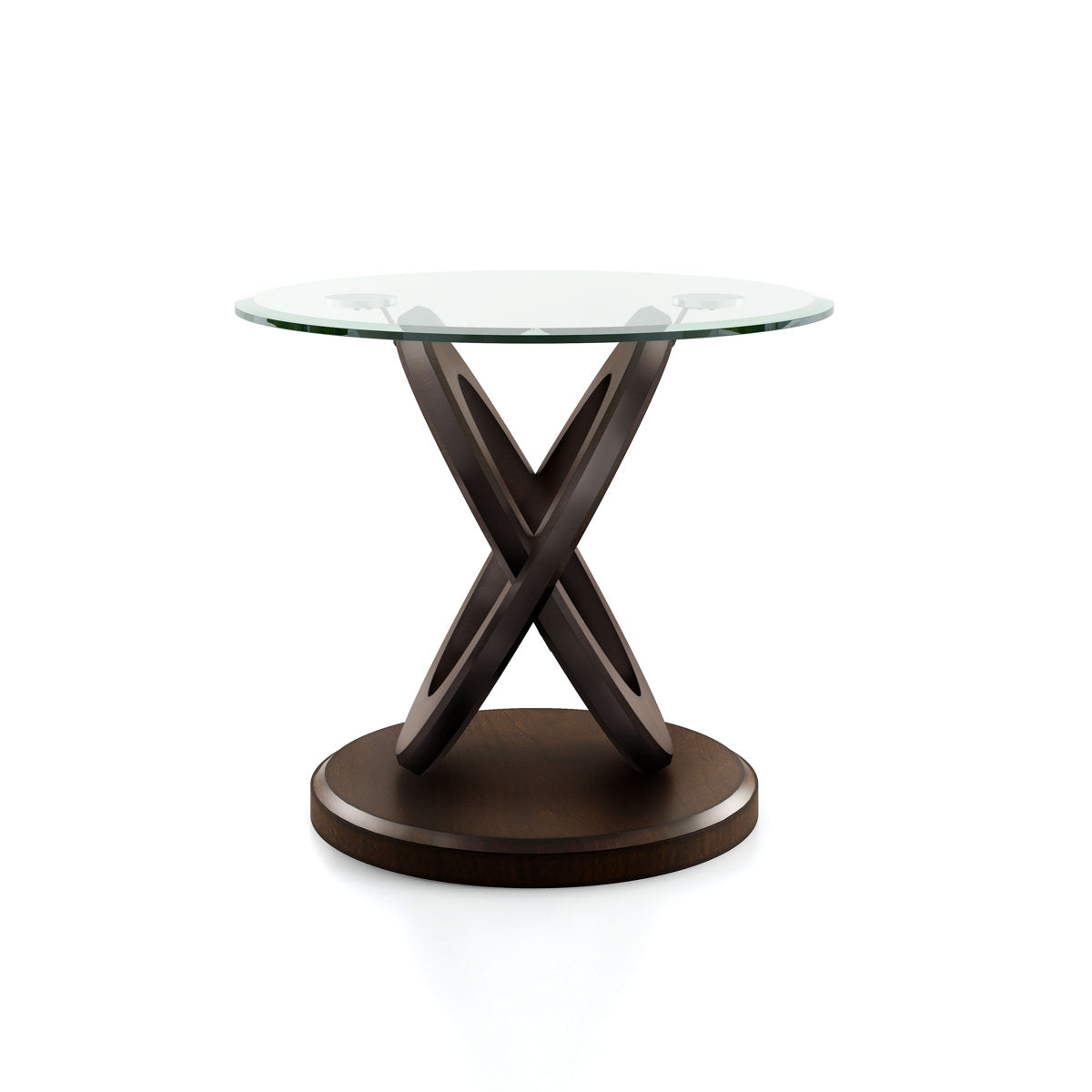 End Table, Round Clear Glass Top with Brown Solid Wood Base