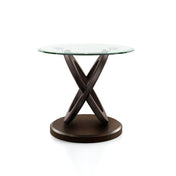 End Table, Round Clear Glass Top with Brown Solid Wood Base