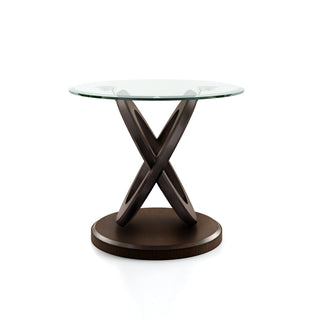 End Table, Round Clear Glass Top with Brown Solid Wood Base