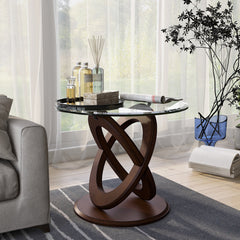 End Table, Round Clear Glass Top with Brown Solid Wood Base