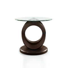 End Table, Round Clear Glass Top with Brown Solid Wood Base