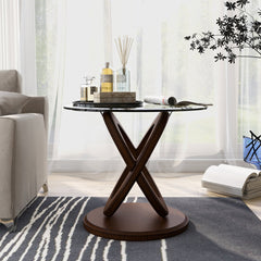 End Table, Round Clear Glass Top with Brown Solid Wood Base