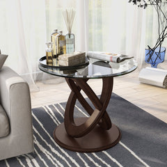 End Table, Round Clear Glass Top with Brown Solid Wood Base