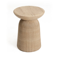End Table, Round Fluted Concrete Pedestal in Faux Travertine