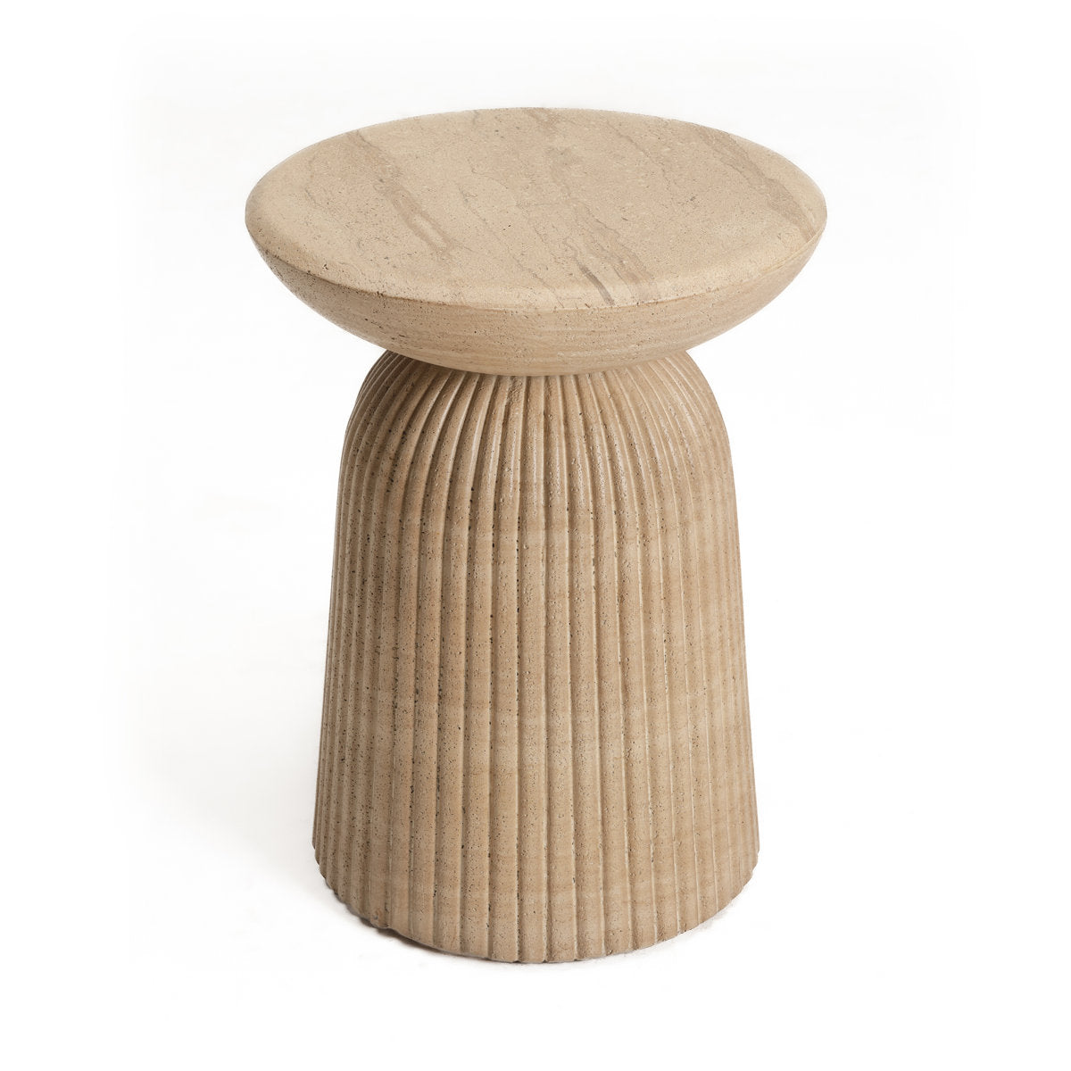 End Table, Round Fluted Concrete Pedestal in Faux Travertine
