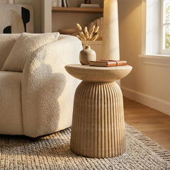 End Table, Round Fluted Concrete Pedestal in Faux Travertine