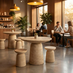 End Table, Round Fluted Concrete Pedestal in Faux Travertine