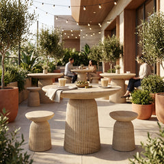 End Table, Round Fluted Concrete Pedestal in Faux Travertine
