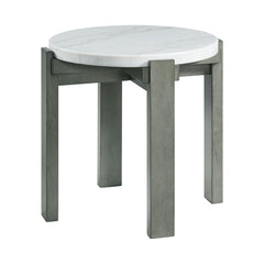 End Table, Round Marble Top, Gray Wood Base