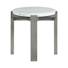 End Table, Round Marble Top, Gray Wood Base