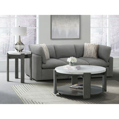 End Table, Round Marble Top, Gray Wood Base