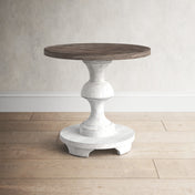 End Table, Round Oak Veneer Top with White Pedestal Base