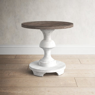 End Table, Round Oak Veneer Top with White Pedestal Base