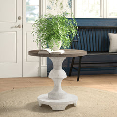 End Table, Round Oak Veneer Top with White Pedestal Base