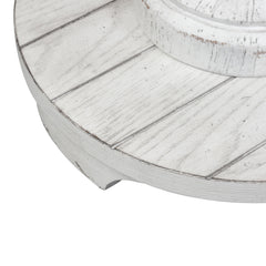 End Table, Round Oak Veneer Top with White Pedestal Base
