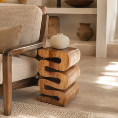 End Table, Round Solid Acacia Wood in Natural