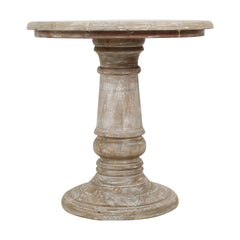 End Table, Round Solid Mango Wood with Pedestal Base in Beige