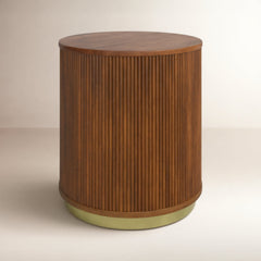 End Table, Round Solid Mango Wood with Storage