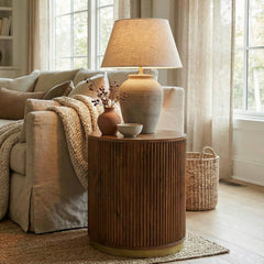 End Table, Round Solid Mango Wood with Storage