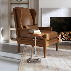 End Table, Round Solid Wood Top, Deep Brown with Bronze Gray Base