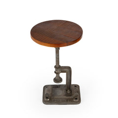 End Table, Round Solid Wood Top, Deep Brown with Bronze Gray Base
