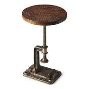 End Table, Round Solid Wood Top, Deep Brown with Bronze Gray Base