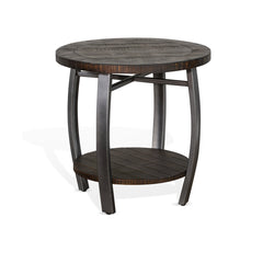 End Table, Round Solid Wood Top with Metal Base in Tobacco Leaf