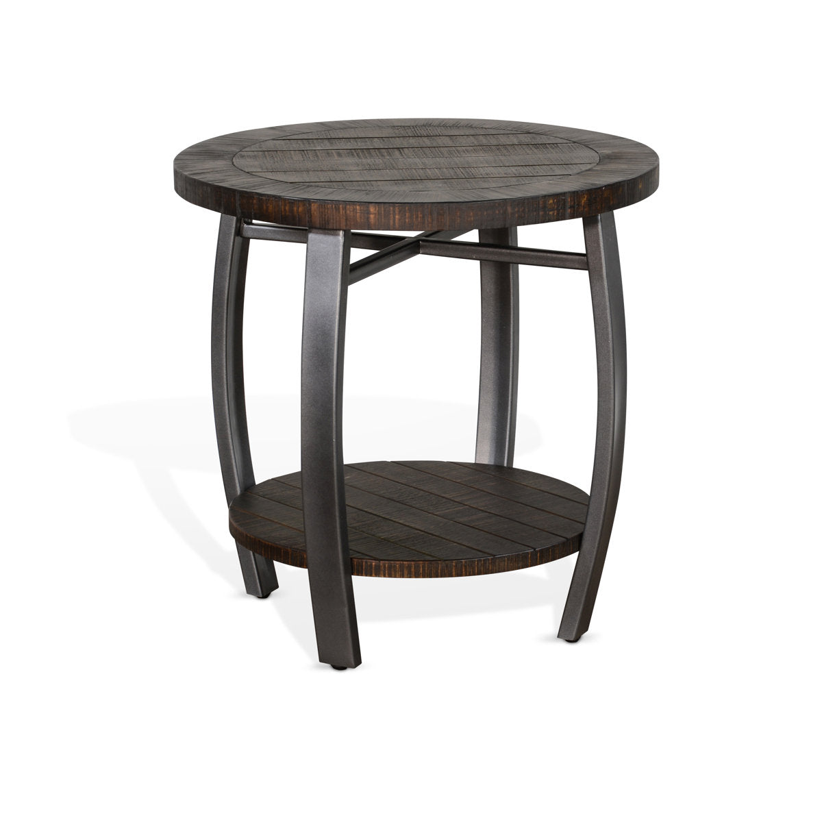 End Table, Round Solid Wood Top with Metal Base in Tobacco Leaf