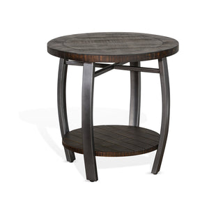 End Table, Round Solid Wood Top with Metal Base in Tobacco Leaf