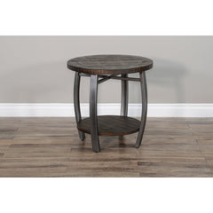 End Table, Round Solid Wood Top with Metal Base in Tobacco Leaf