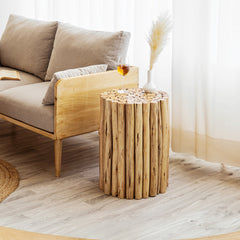 End Table, Round Solid Wood with Pedestal Base in Natural Wood