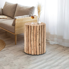 End Table, Round Solid Wood with Pedestal Base in Natural Wood