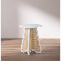 End Table, Round Solid Wood with Rattan