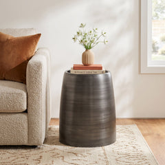 End Table, Round Steel with Gray Tray Top and Drum Base
