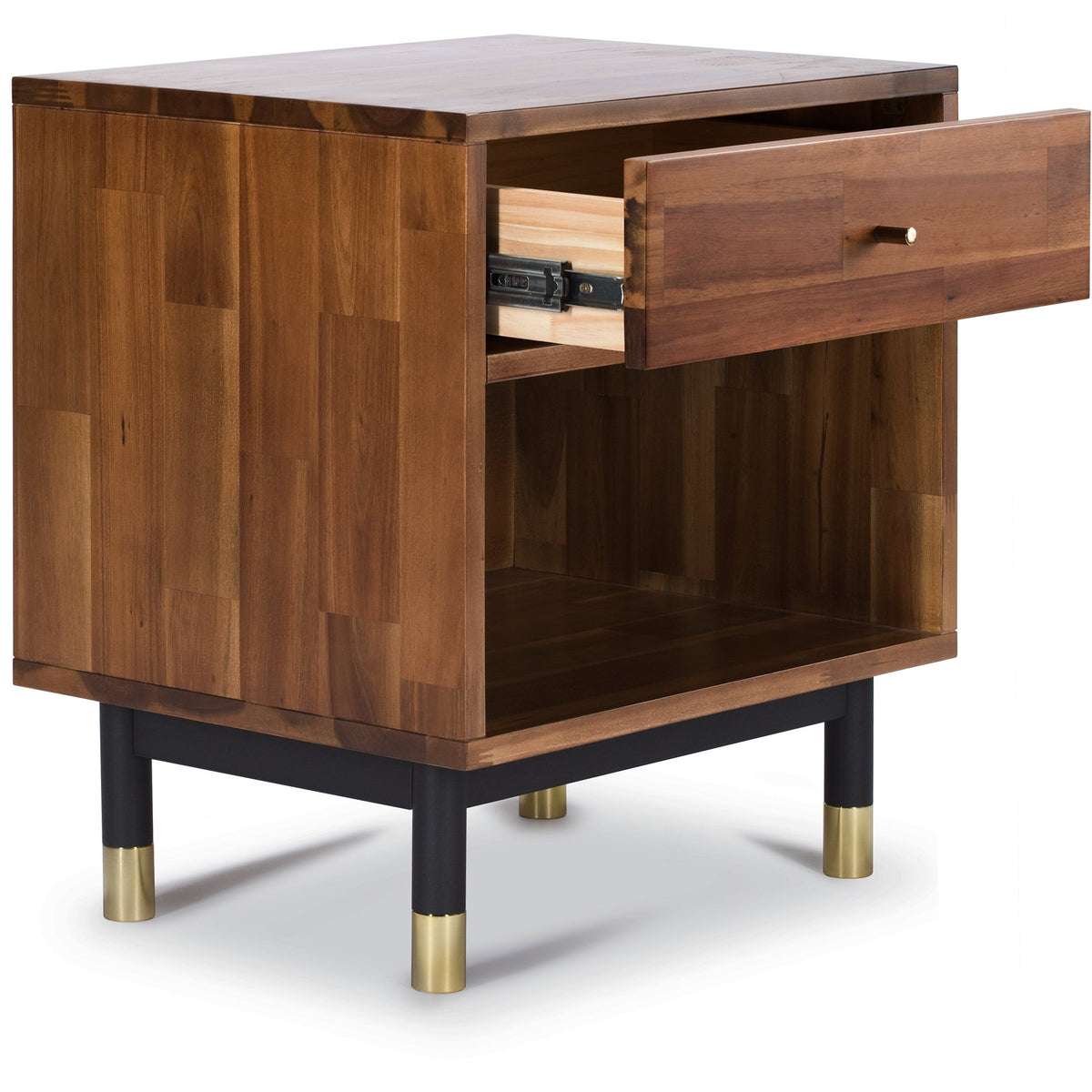 End Table, Solid Acacia Wood in Natural Tones with Black Iron Legs